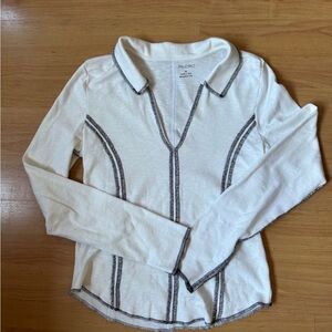 Pilcro White Long-Sleeve Polo Top with Contrast Stitching